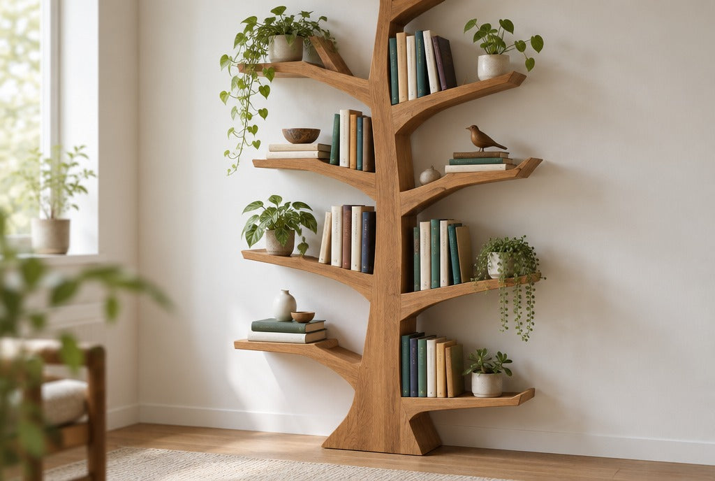 A solid wood tree bookshelf with books, plants and small objects against a pale wall