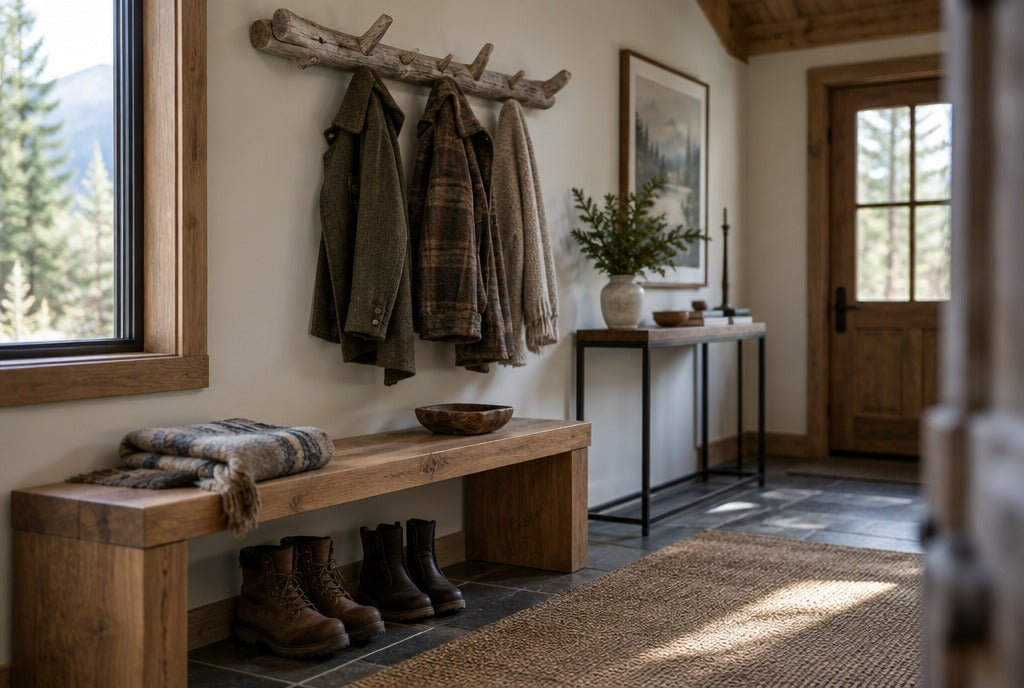 A cabin entryway with a solid wood bench with boots below, a driftwood coat rack with wool jackets and a narrow console