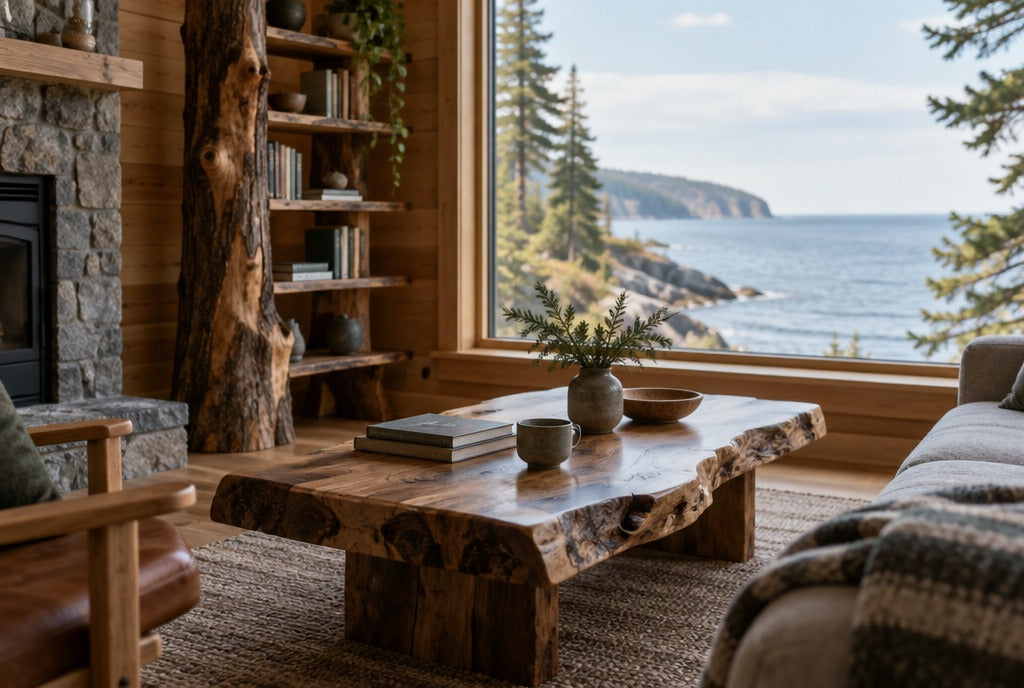 A North Shore cabin living room with a live edge coffee table, a tree bookshelf and a window onto Lake Superior