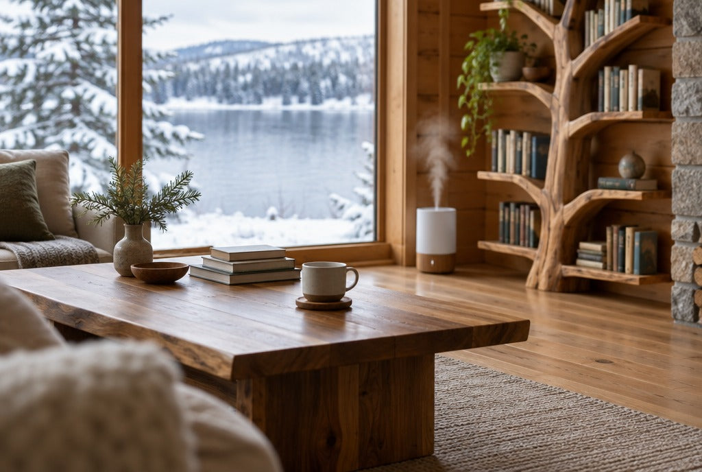 A solid wood coffee table and tree bookshelf in a lakeside cabin with snow outside and a humidifier nearby