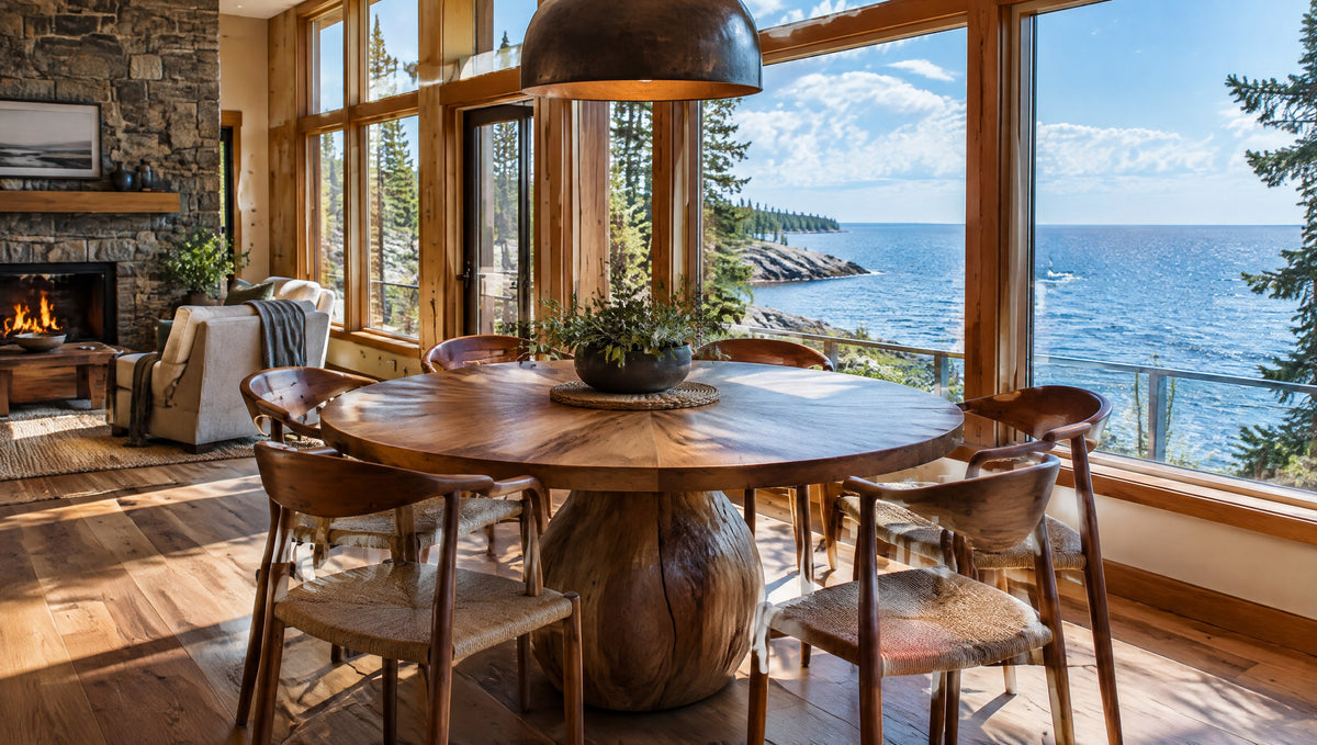 A lakeside cabin dining area with a round sculptural solid wood table and a view of Lake Superior
