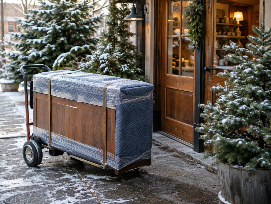 A blanket-wrapped solid wood console beside a small shop door with spruce trees and early snow